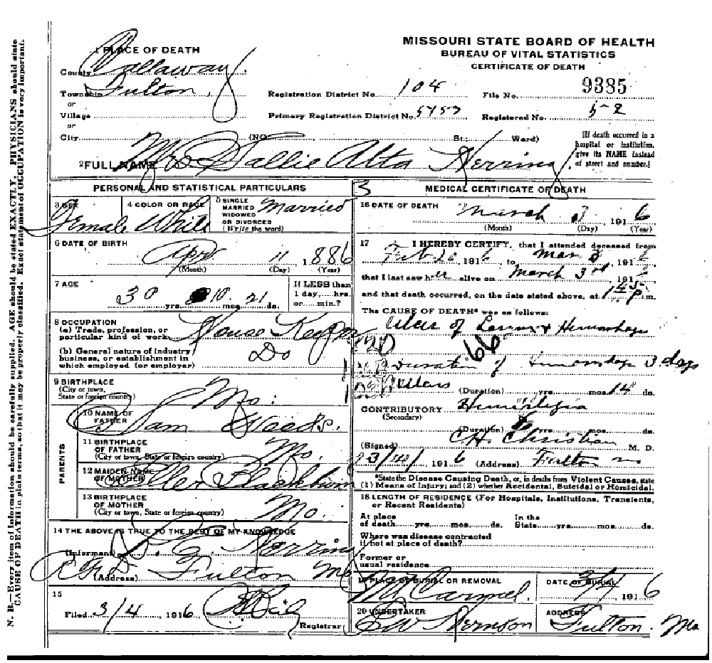 Death certificate of Herring, Sallie Alta Woods