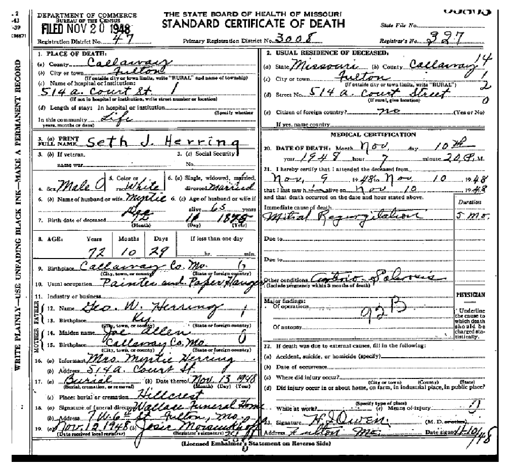 Death certificate of Herring, Seth "Jack"