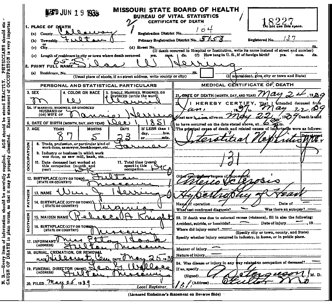 Death Certificate of Herring, Silas W.