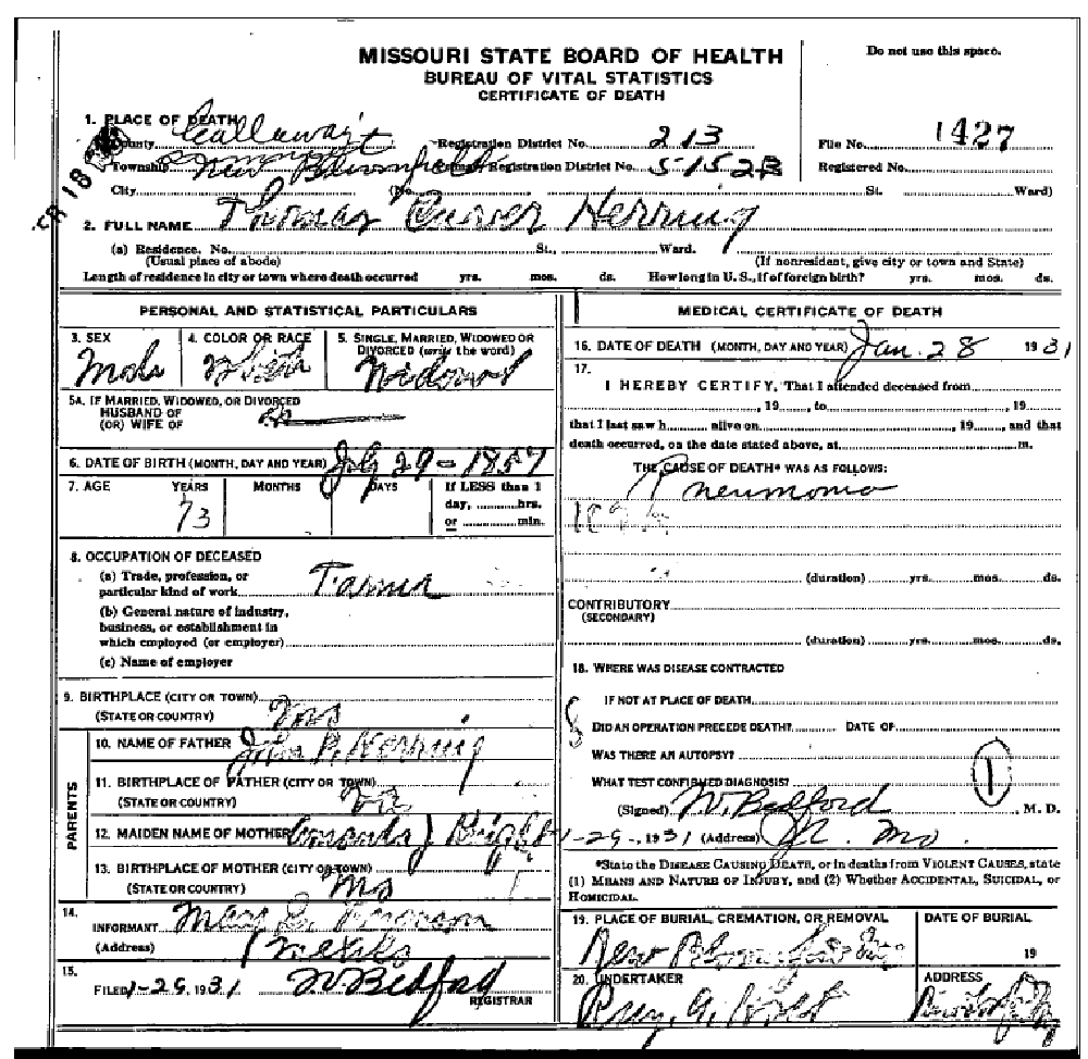 Death certificate of Herring, Thomas Carver