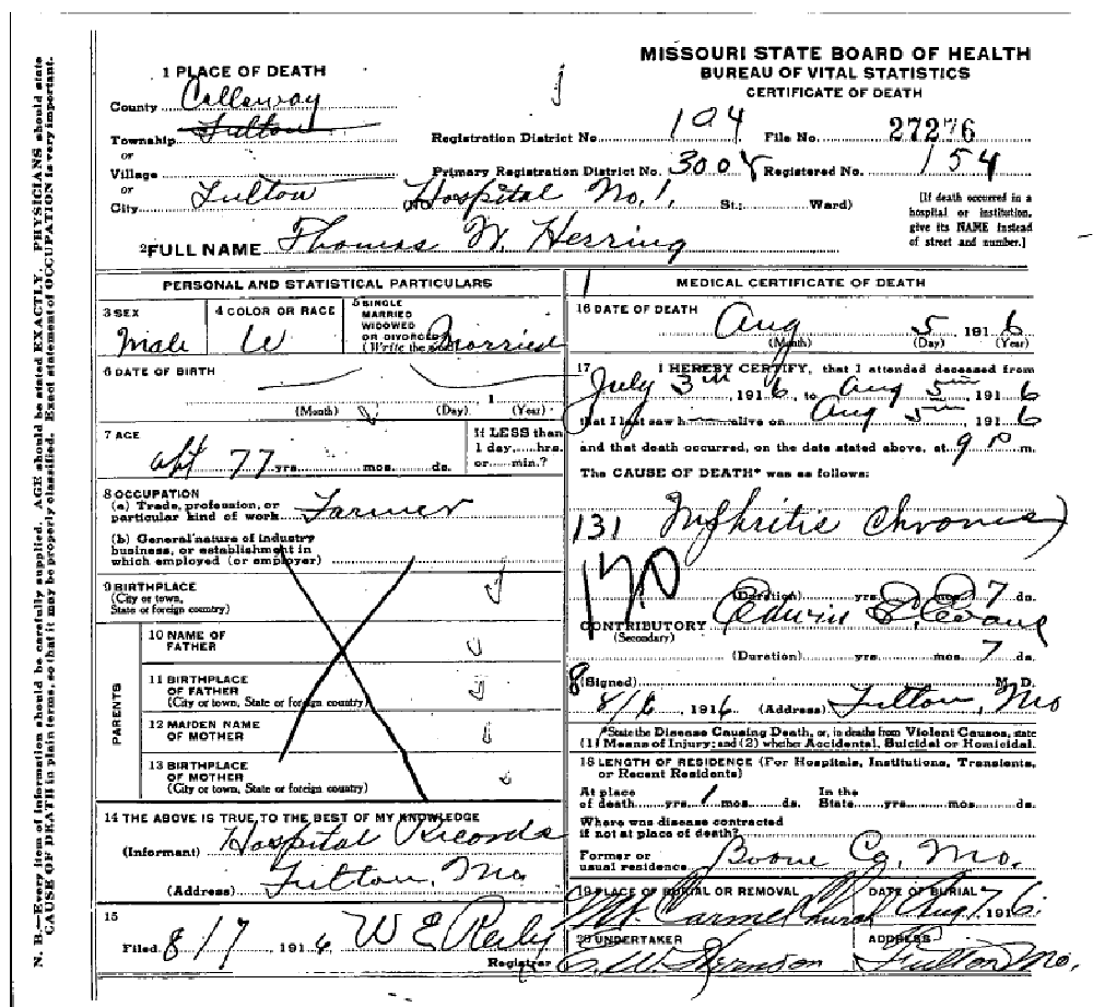 Death certificate of Herring, Thomas Wesley