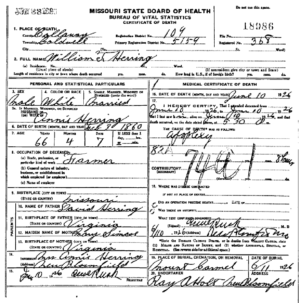 Death certificate of Herring, William Thomas