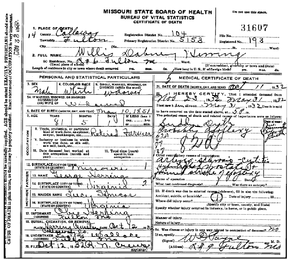 Death certificate of Herring, Willis Dabney