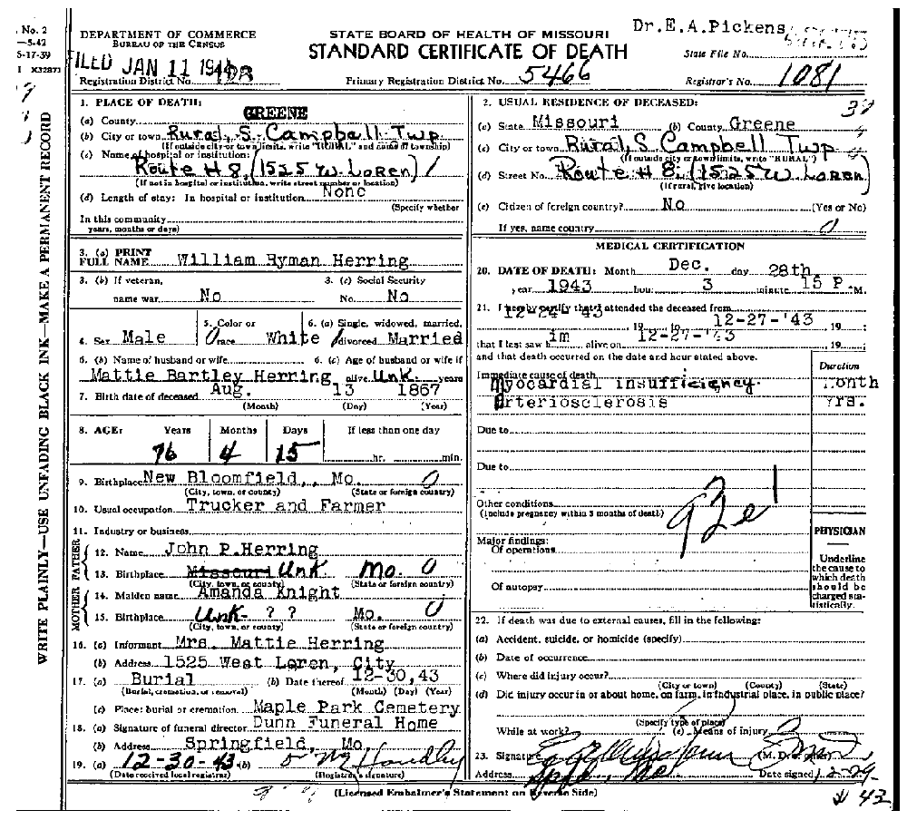 Death Certificate of Herring, Willoughby (William) Ryman