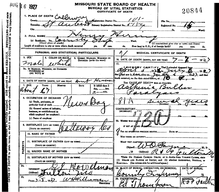Death Certificate of Herring, Wm. Henry