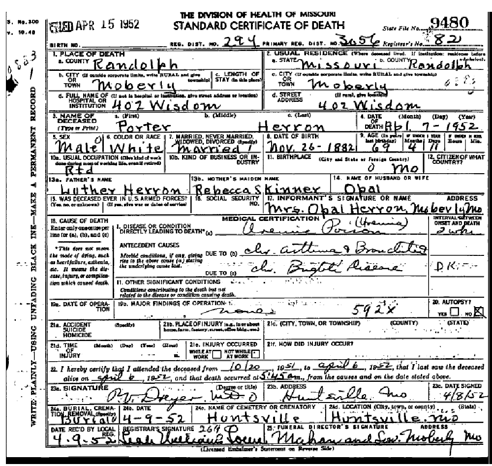 Death certificate of Herron (Herring), Porter T.