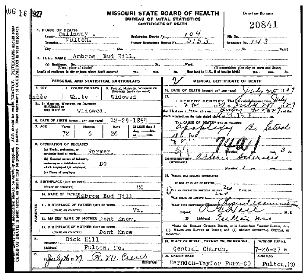 Death certificate of Hill, Ambrose Brockman Jr.