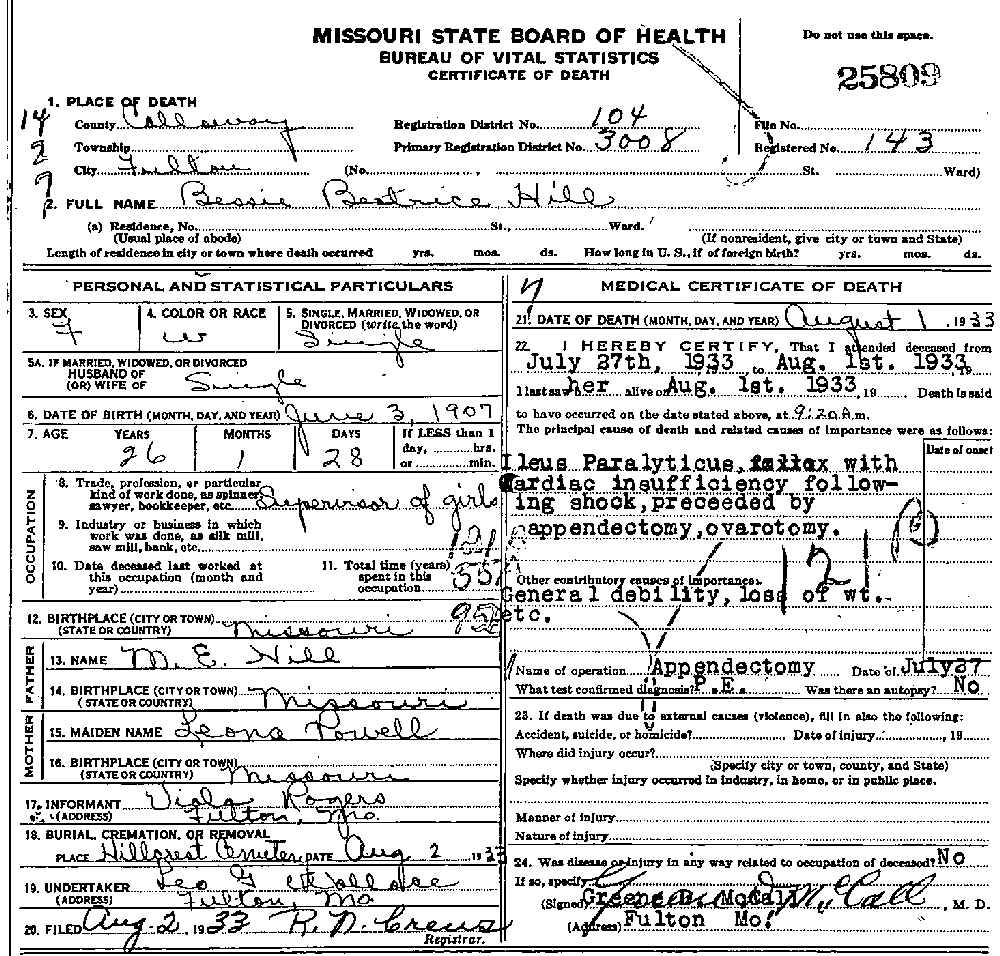 Death Certificate of Hill, Bessie Beatrice