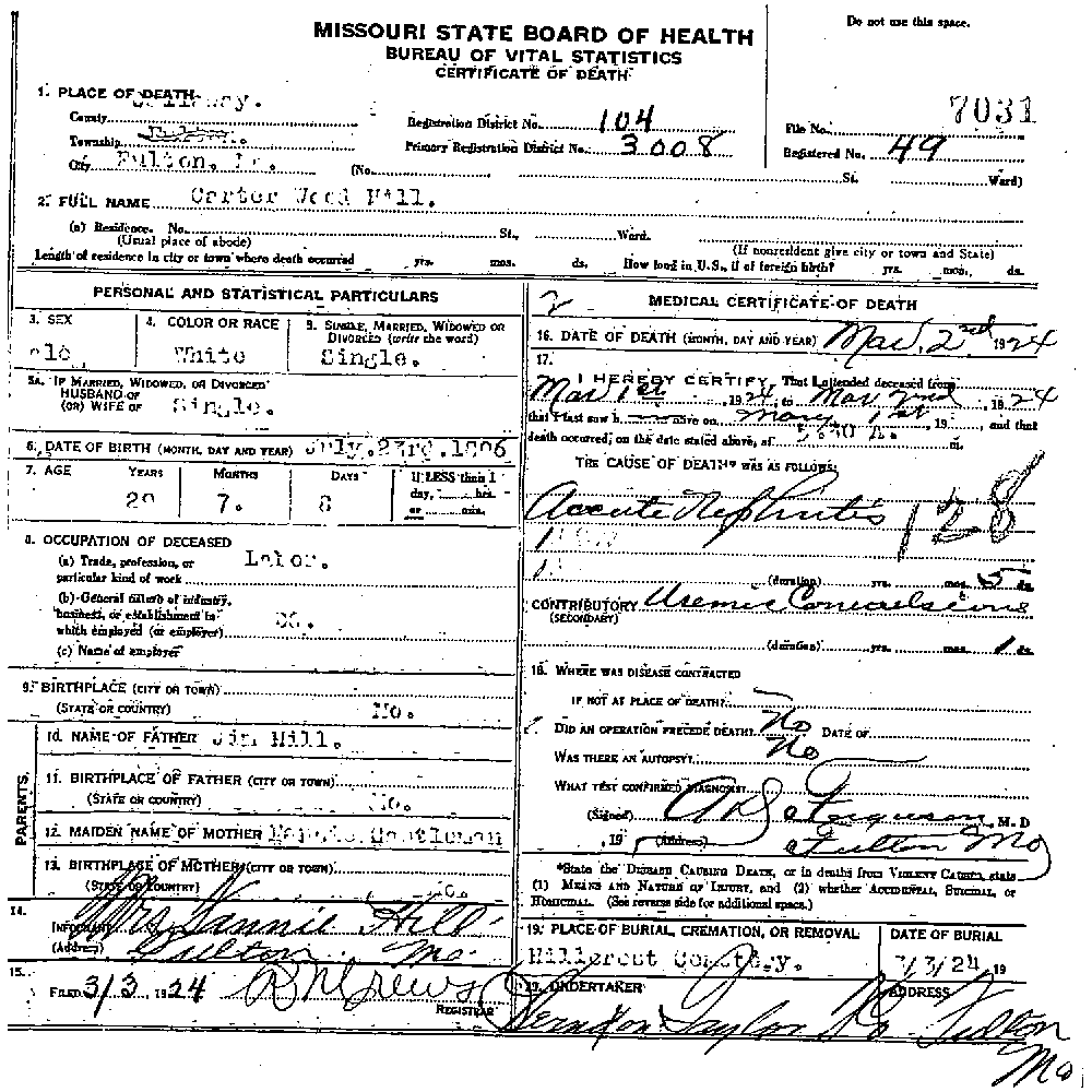 Death Certificate of Hill, Carter Wood