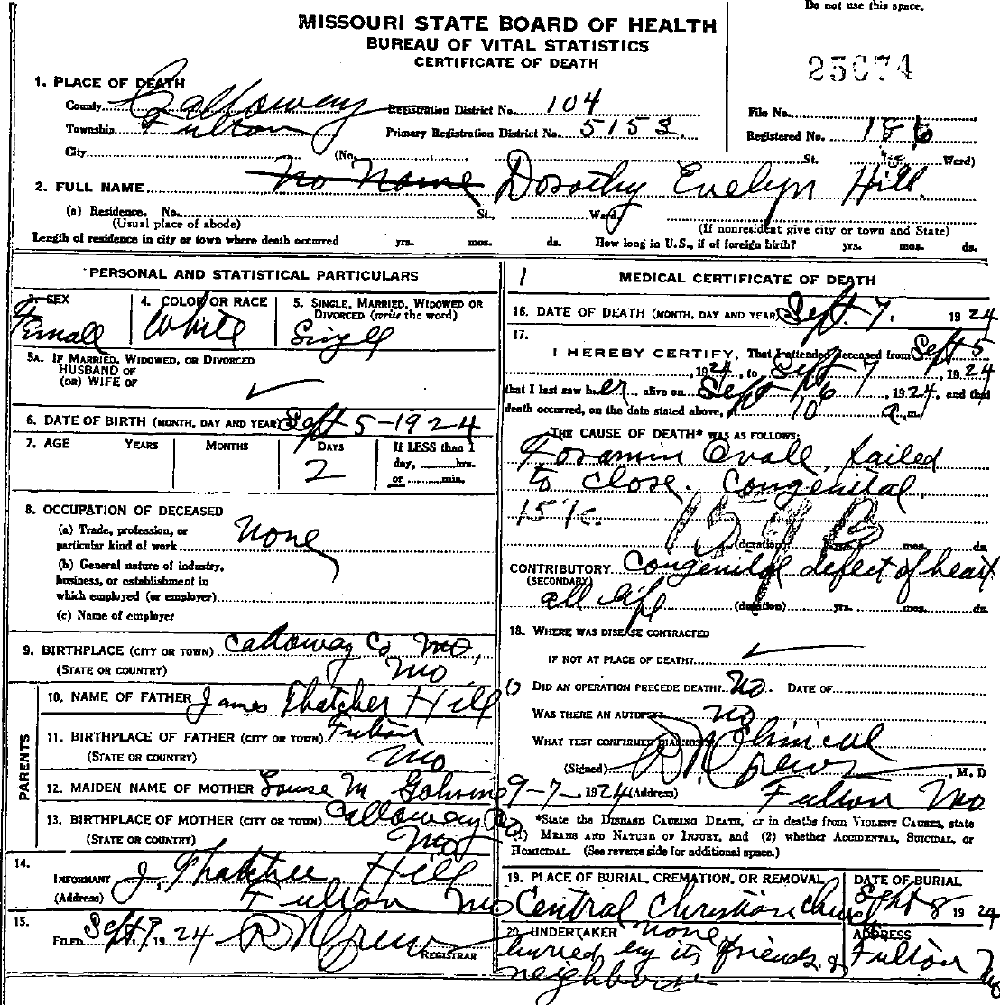 Death Certificate of Hill, Dorothy Evelyn