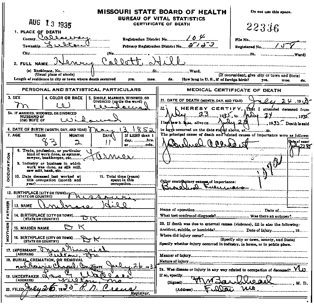 Death Certificate of Hill, Henry Collett