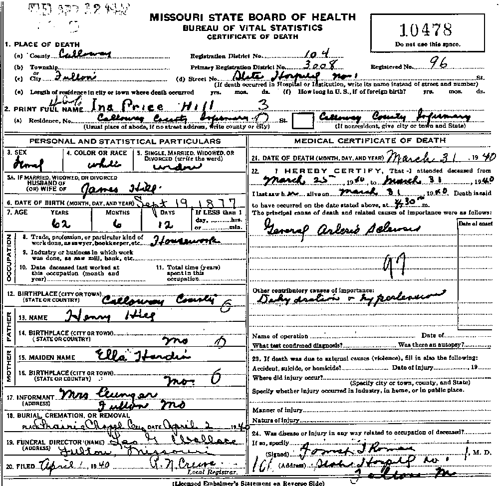 Death Certificate of Hill, Ina Price