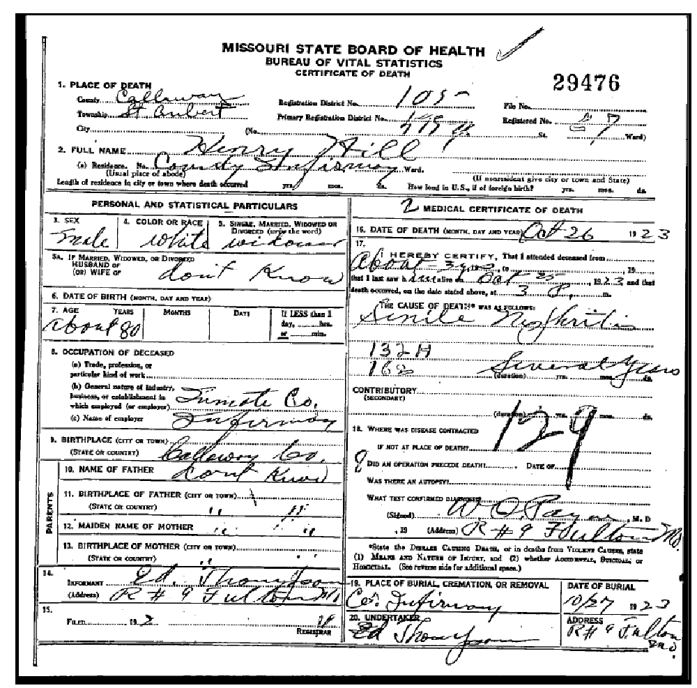 Death certificate of Hill, John Henry