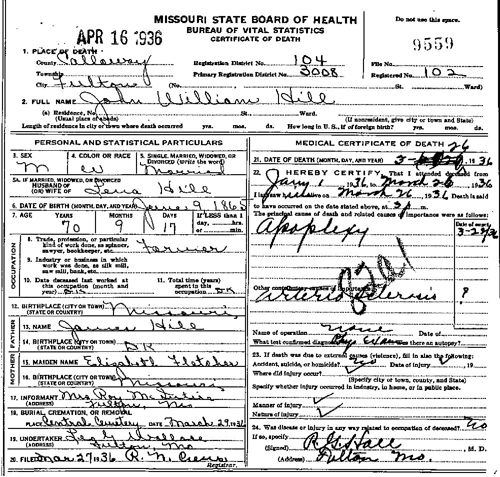 Death Certificate of Hill, John William