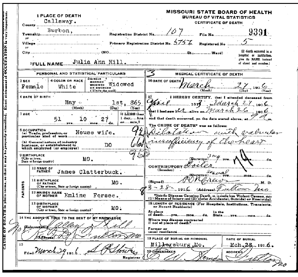 Death certificate of Hill, Julia Ann Clatterbuck