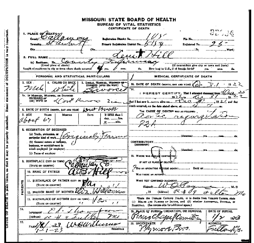 Death certificate of Hill, Lemule T. Asa