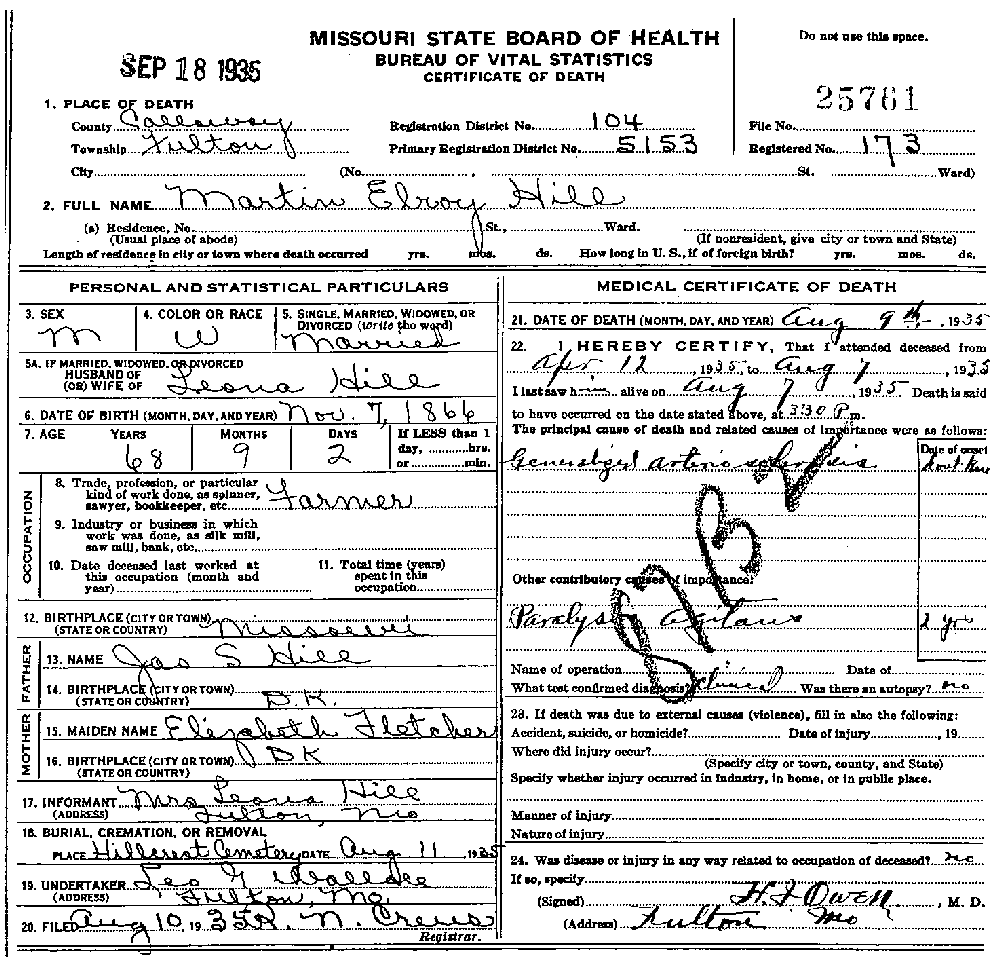 Death Certificate of Hill, Martin Elroy