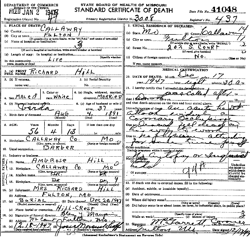 Death Certificate of Hill, Richard William