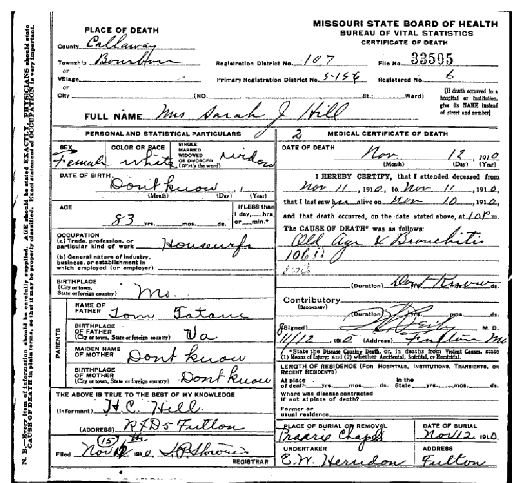 Death certificate of Hill, Sarah J. Tatum