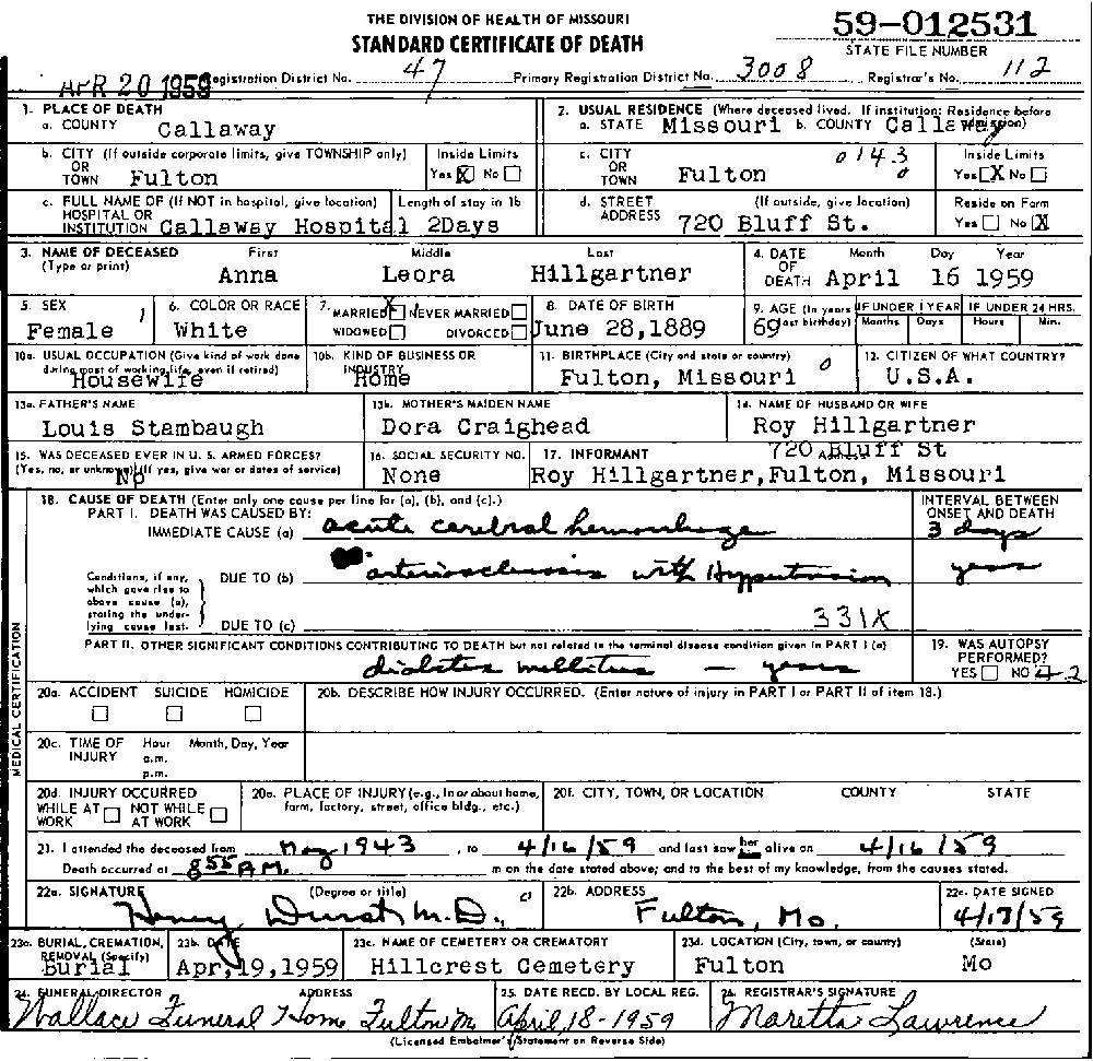 Death Certificate of Hillgartner, Anna L. Stambaugh