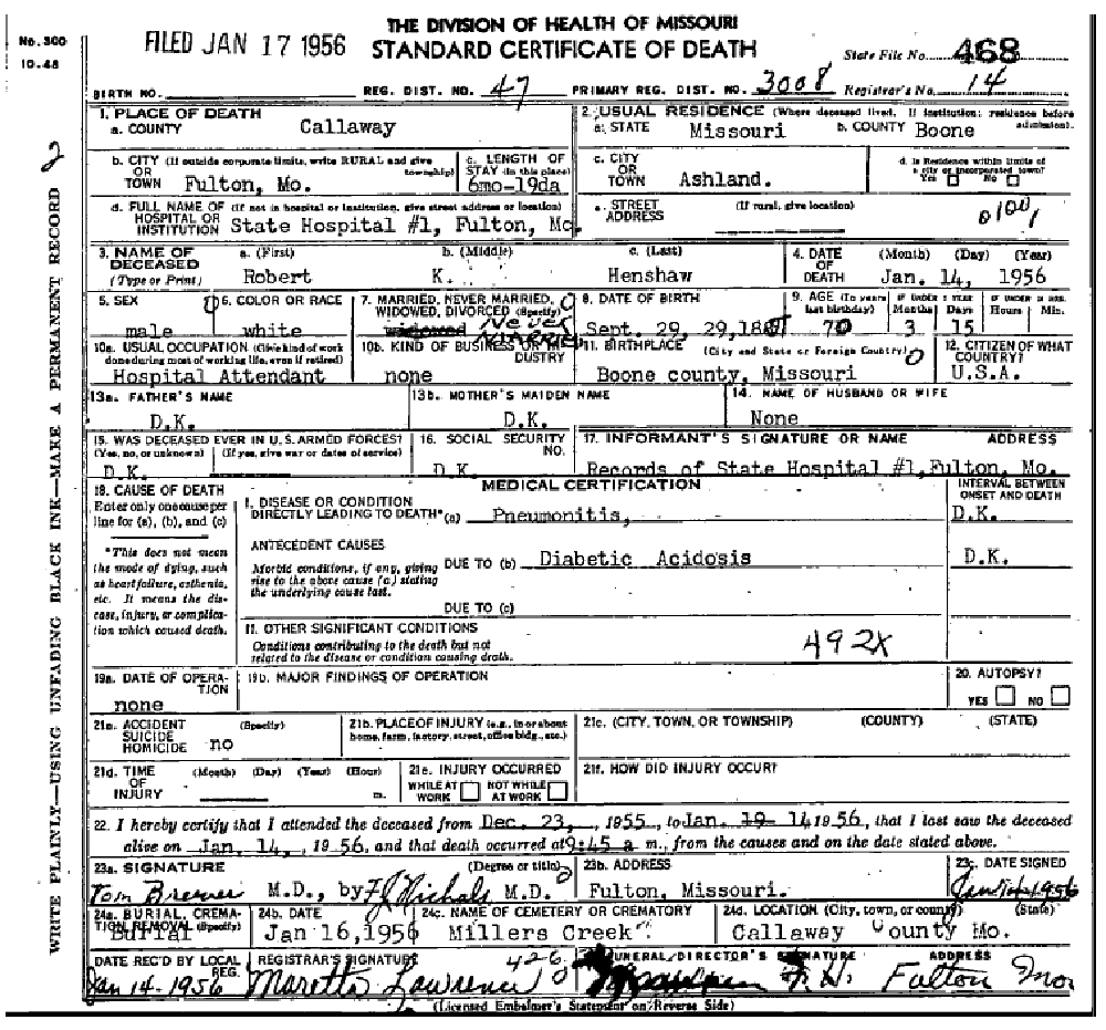 Death certificate of Hinshaw, Robert K.