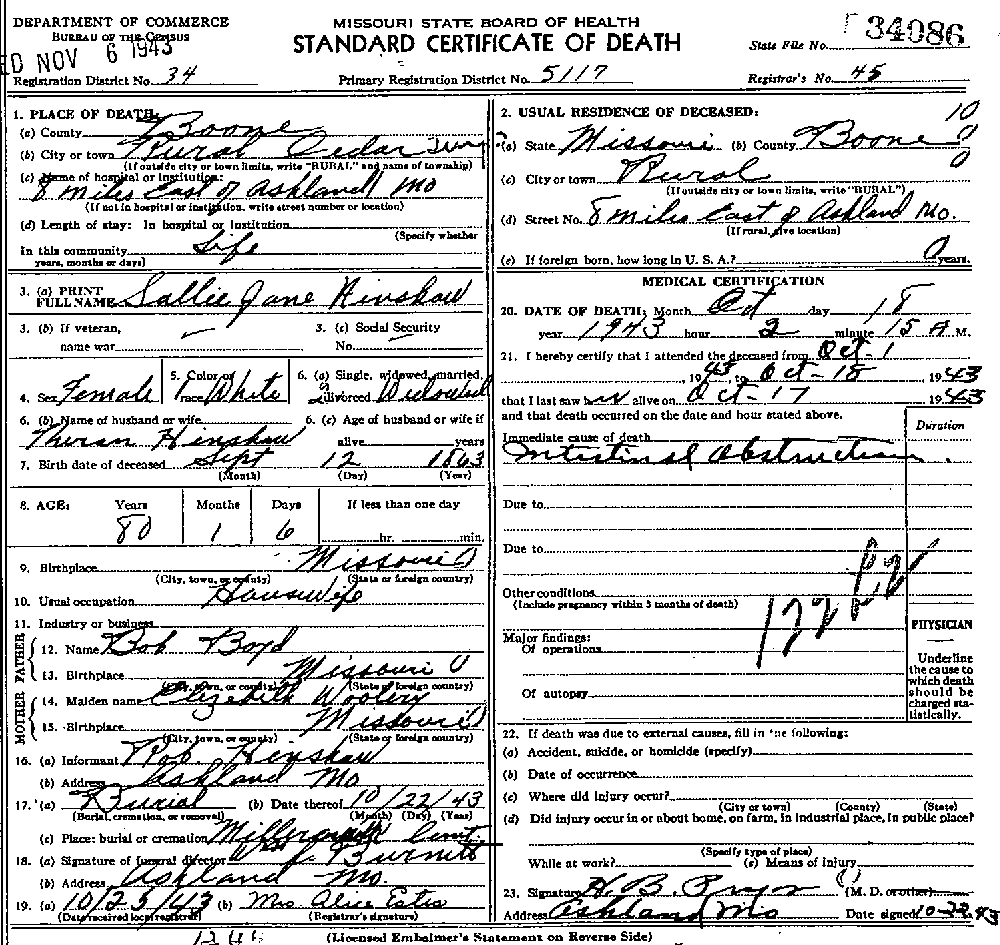 Death Certificate of Hinshaw, Sallie Jane Boyd