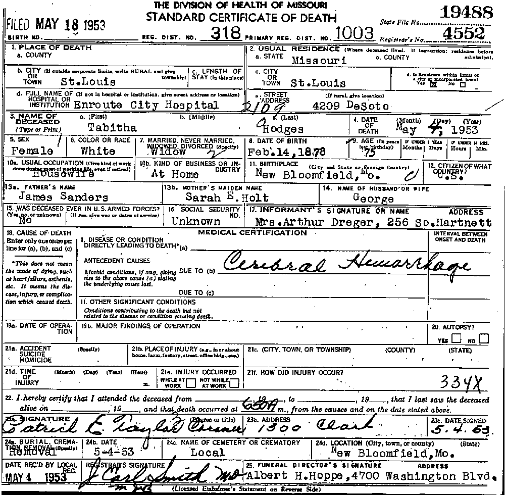 Death Certificate of Hodges, Tabitha J. Sanders