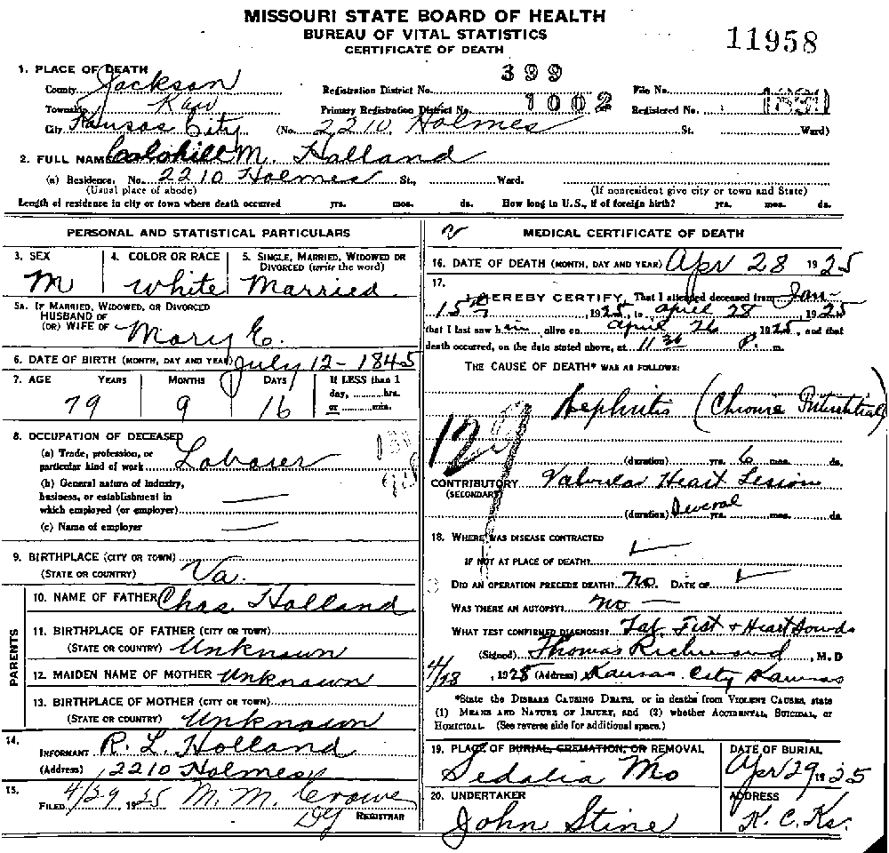 Death Certificate of Holland, Calohill