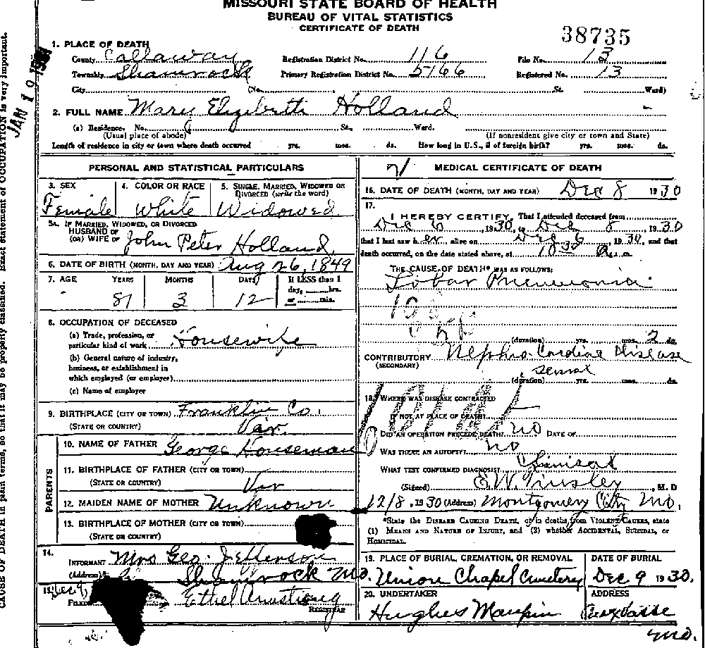 Death Certificate of Holland, Mary Elizabeth Houseman