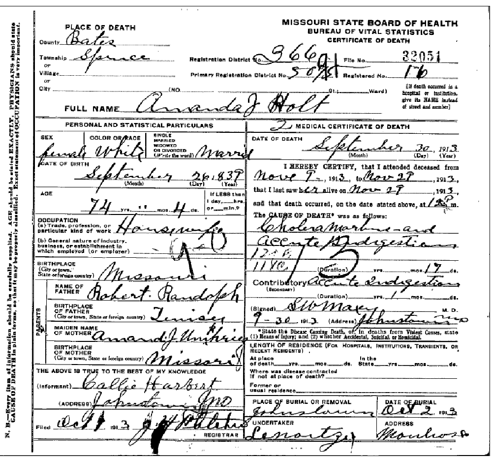 Death certificate of Holt, Amanda J. Randolph