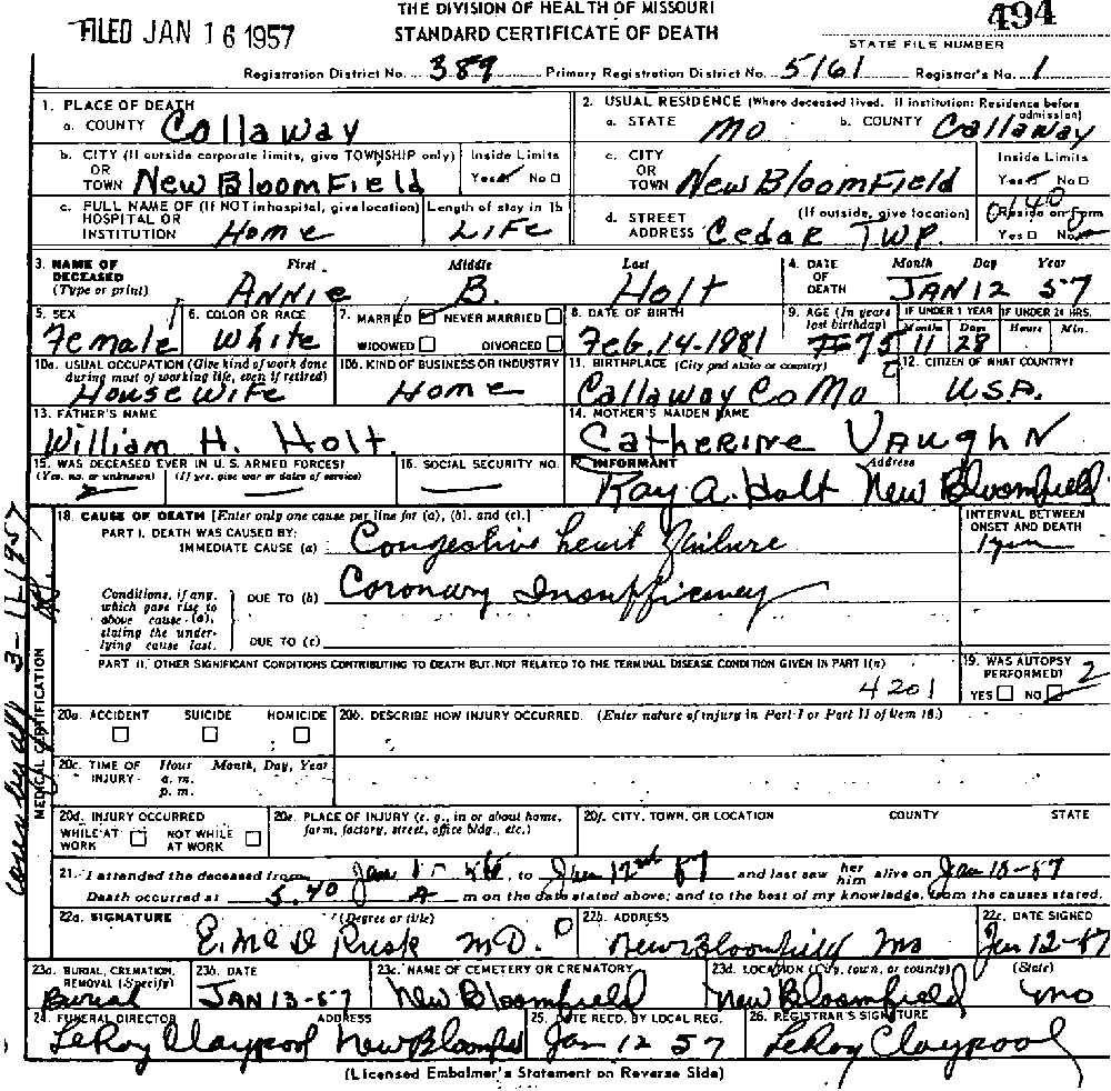 Death Certificate of Holt, Annie B. Holt