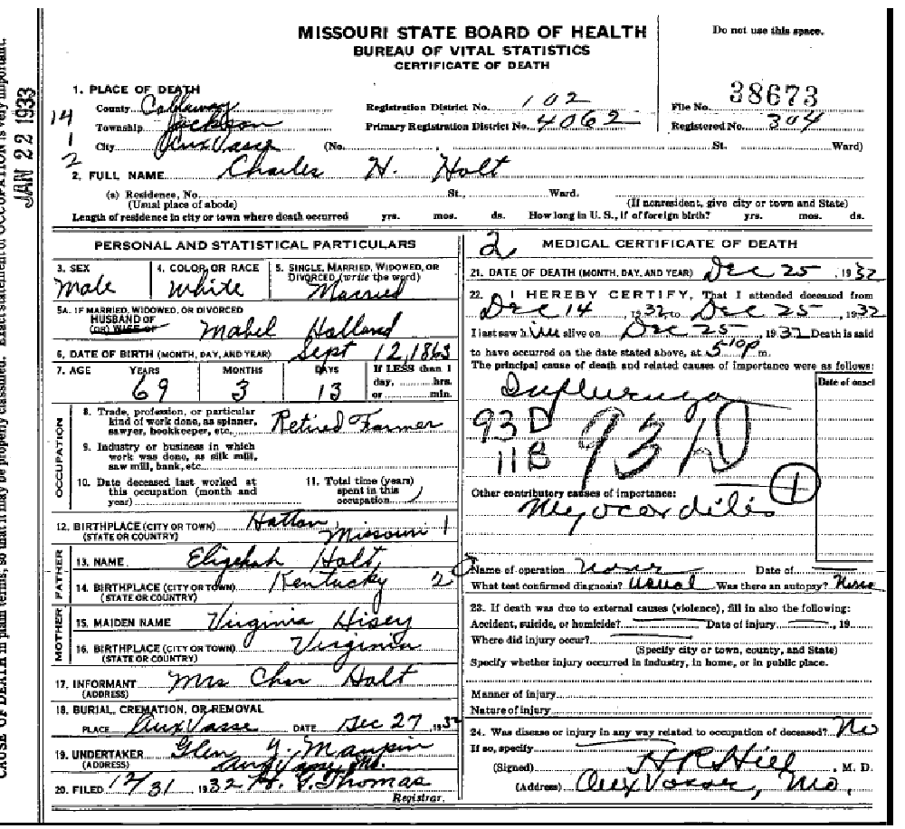 Death certificate of Holt, Charles H.