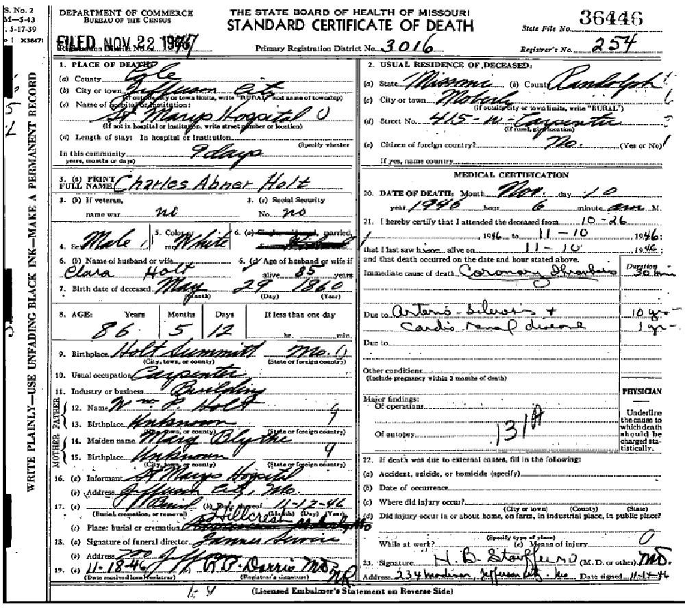 Death certificate of Holt, Charles Abner