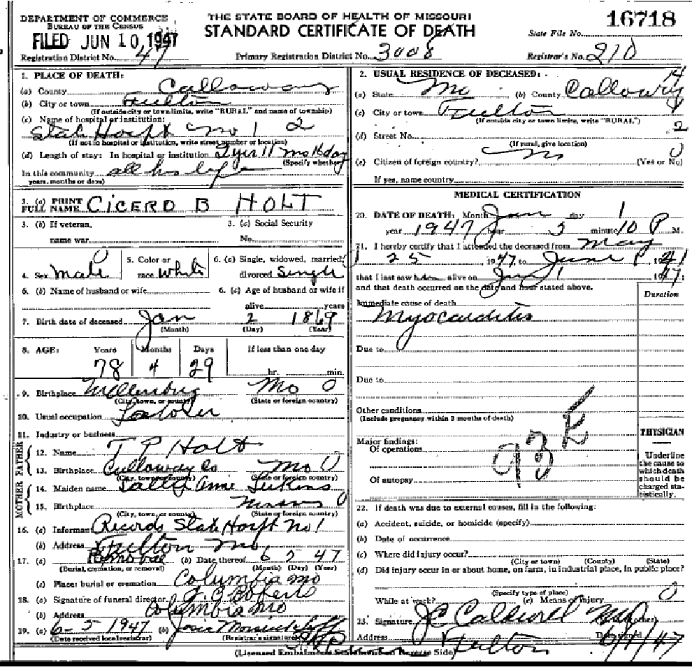 Death certificate of Holt, Cicero B.