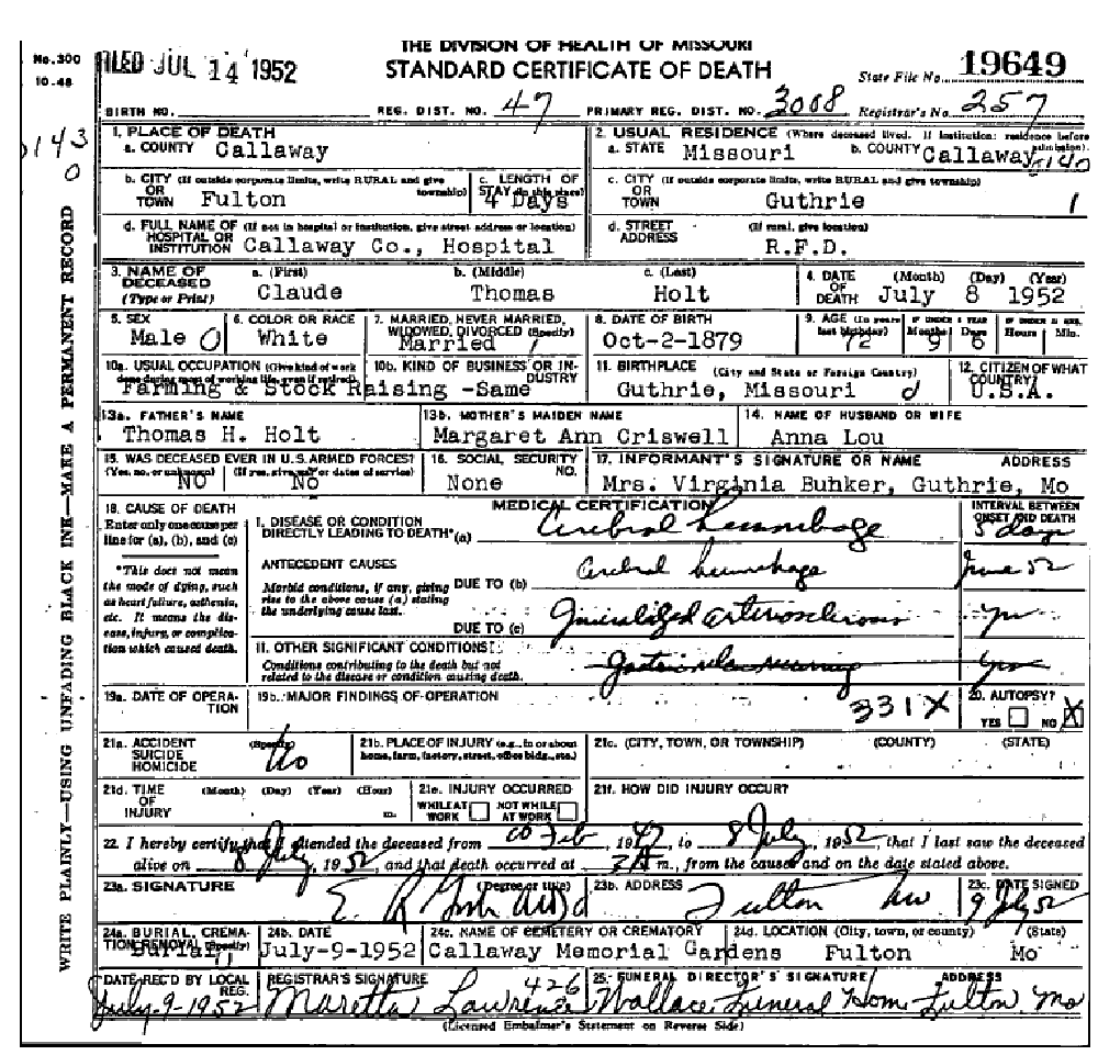 Death certificate of Holt, Claude Thomas