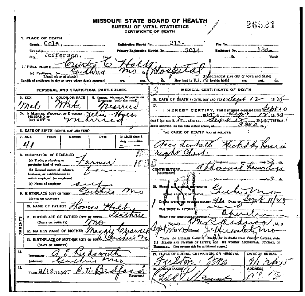Death certificate of Holt, Curtis C.