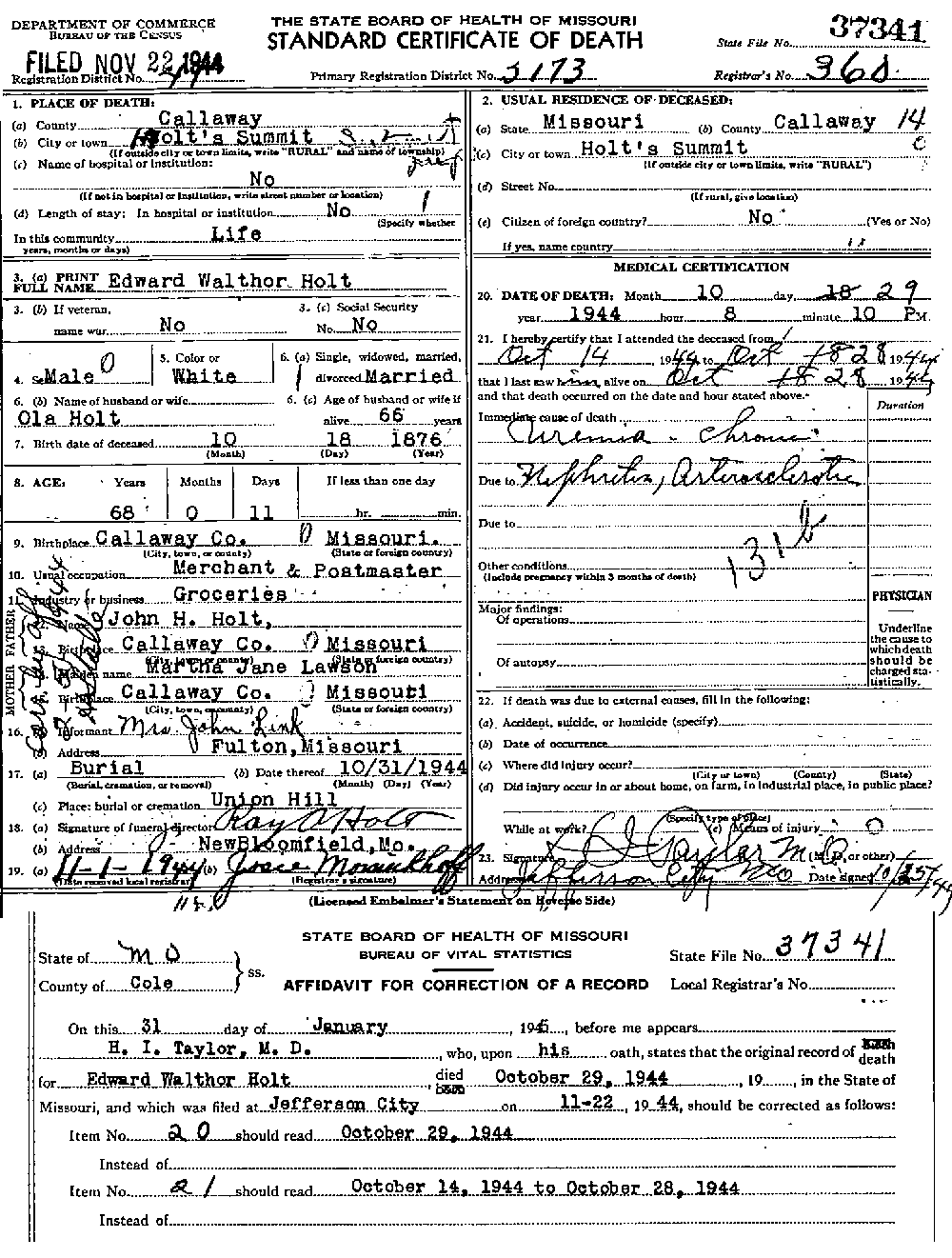 Death Certificate of Holt, Edward Walthor