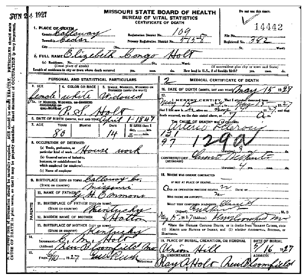 Death certificate of Holt, Elizabeth C. Emmons