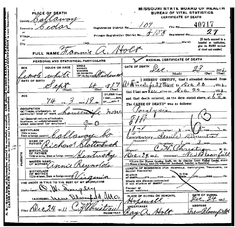 Death certificate of Holt, Fannie Clatterbuck