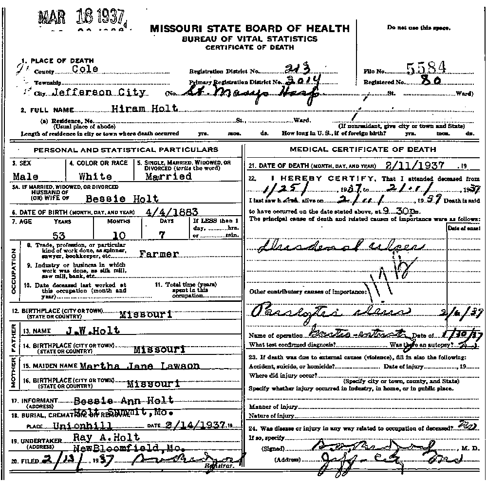 Death Certificate of Holt, Hiram