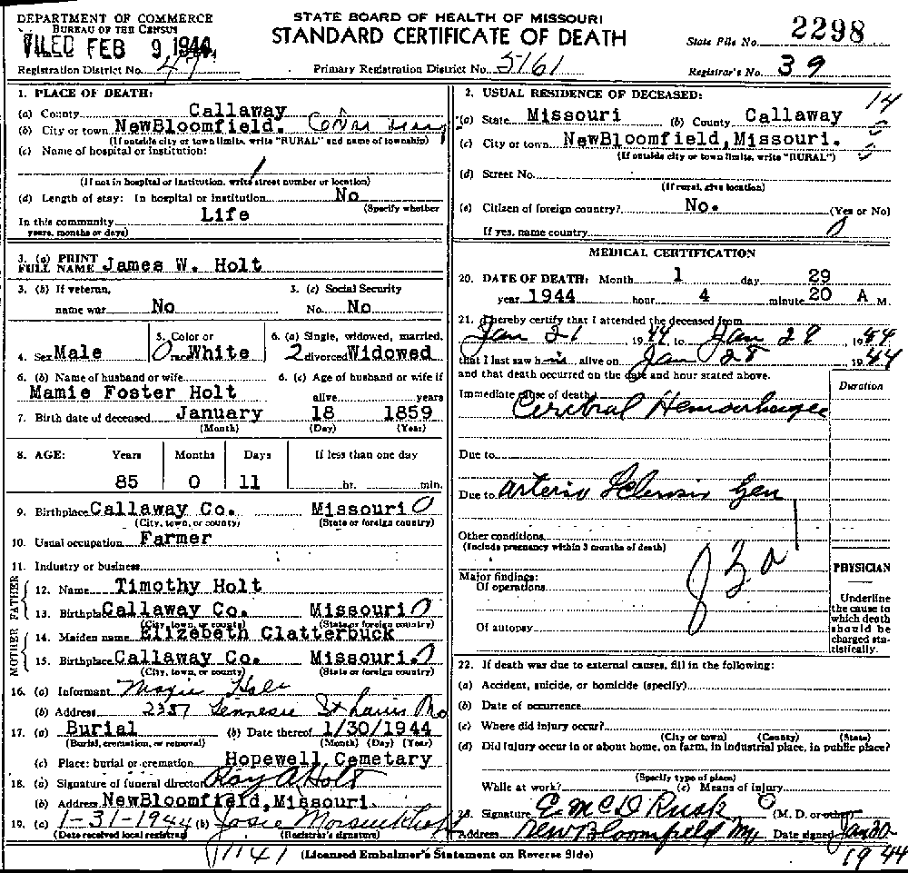 Death Certificate of Holt, James W.