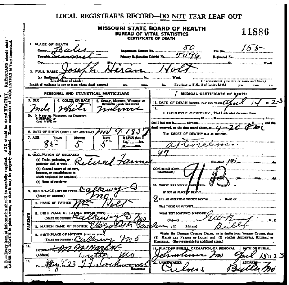 Death certificate of Holt, Joseph Hiram
