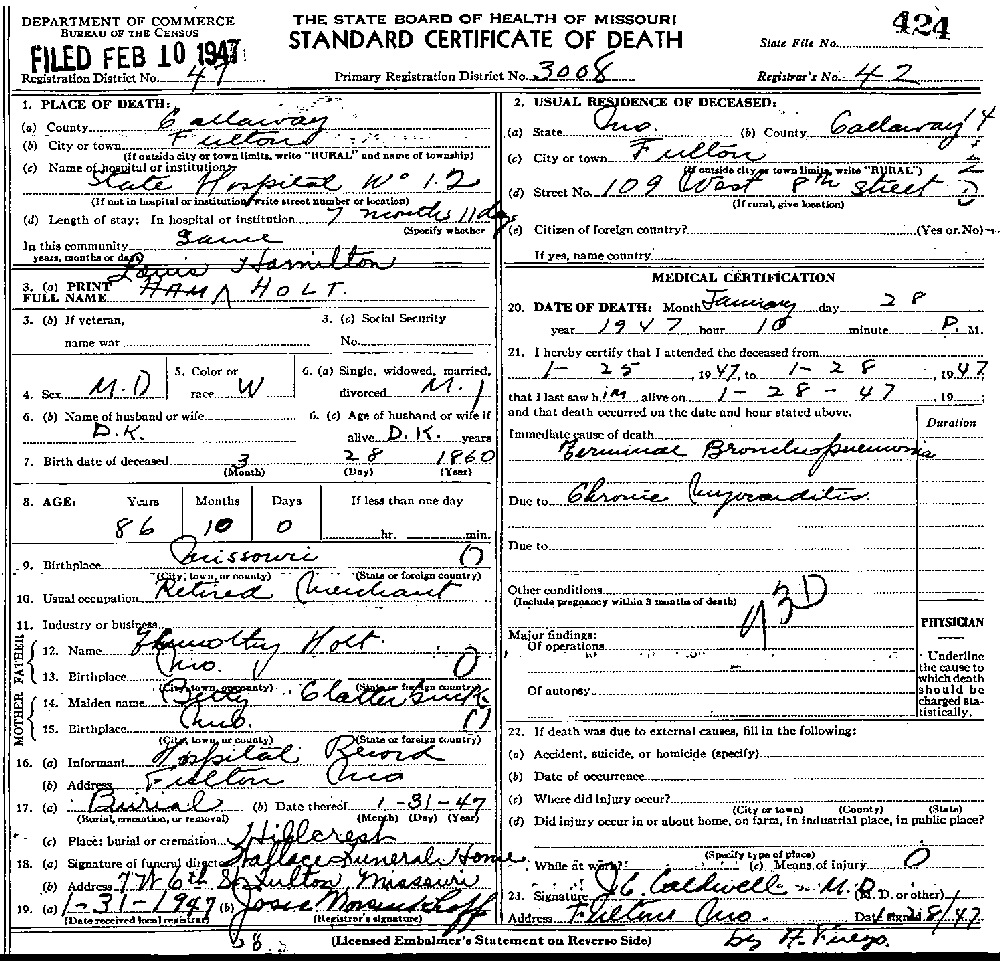 Death Certificate of Holt, Lewis Hamilton