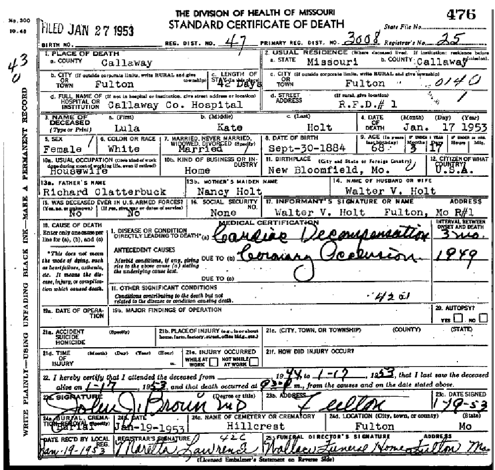 Death certificate of Holt, Lula Kate Clatterbuck