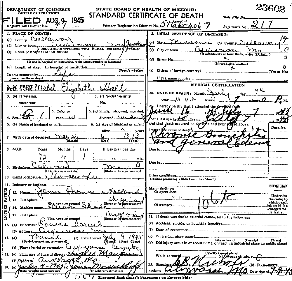Death Certificate of Holt, Mabel Elizabeth Holland