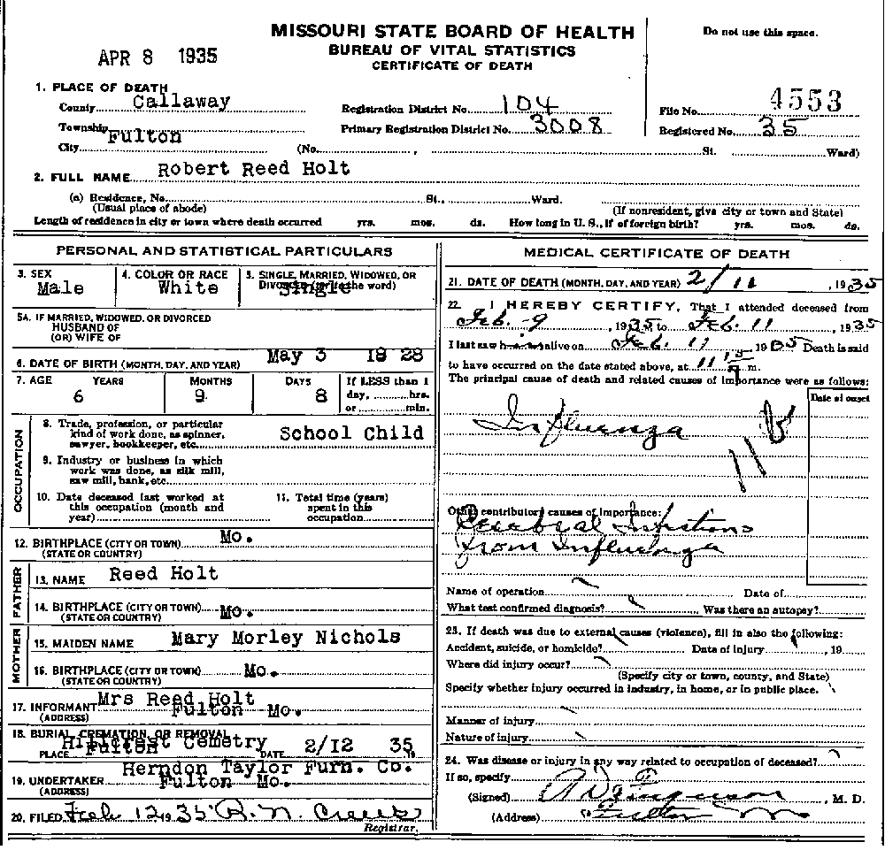 Death Certificate of Holt, Robert Reed