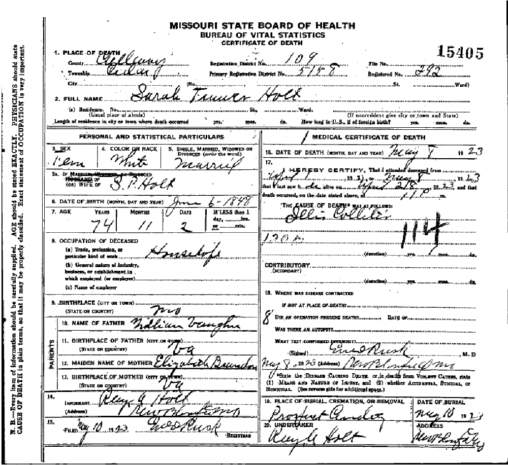 Death certificate of Holt, Sarah Francis Vaughn