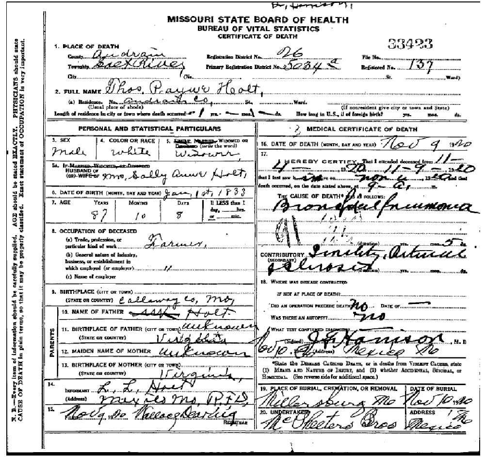 Death certificate of Holt, Thomas Payne