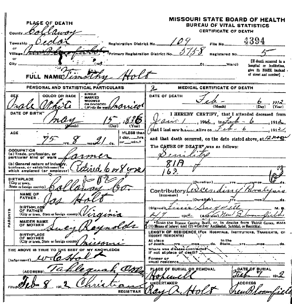 Death Certificate of Holt, Timothy