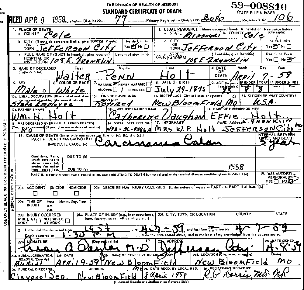 Death Certificate of Holt, Walter Penn